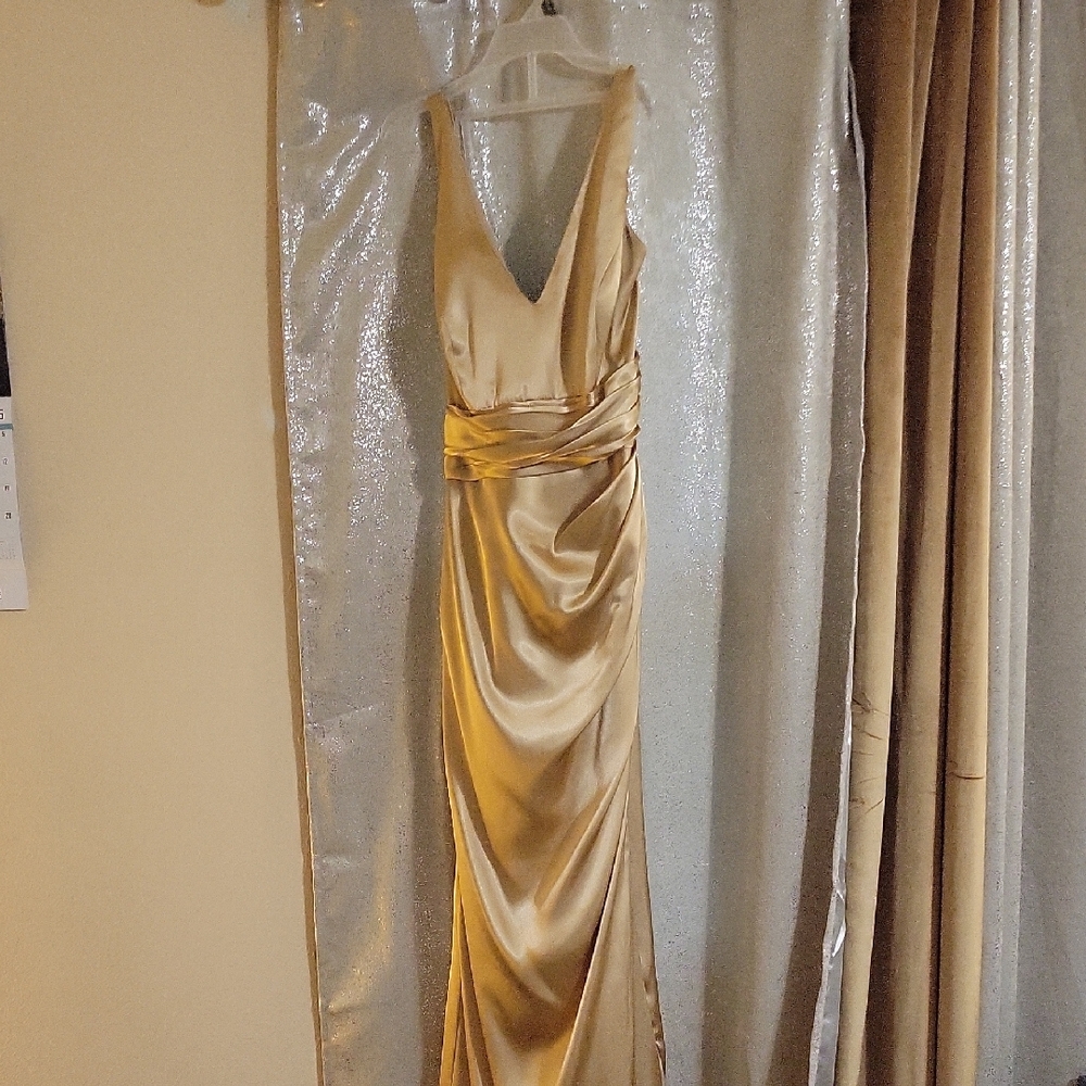 Signature Gold Ruched Plunge Backless Dress